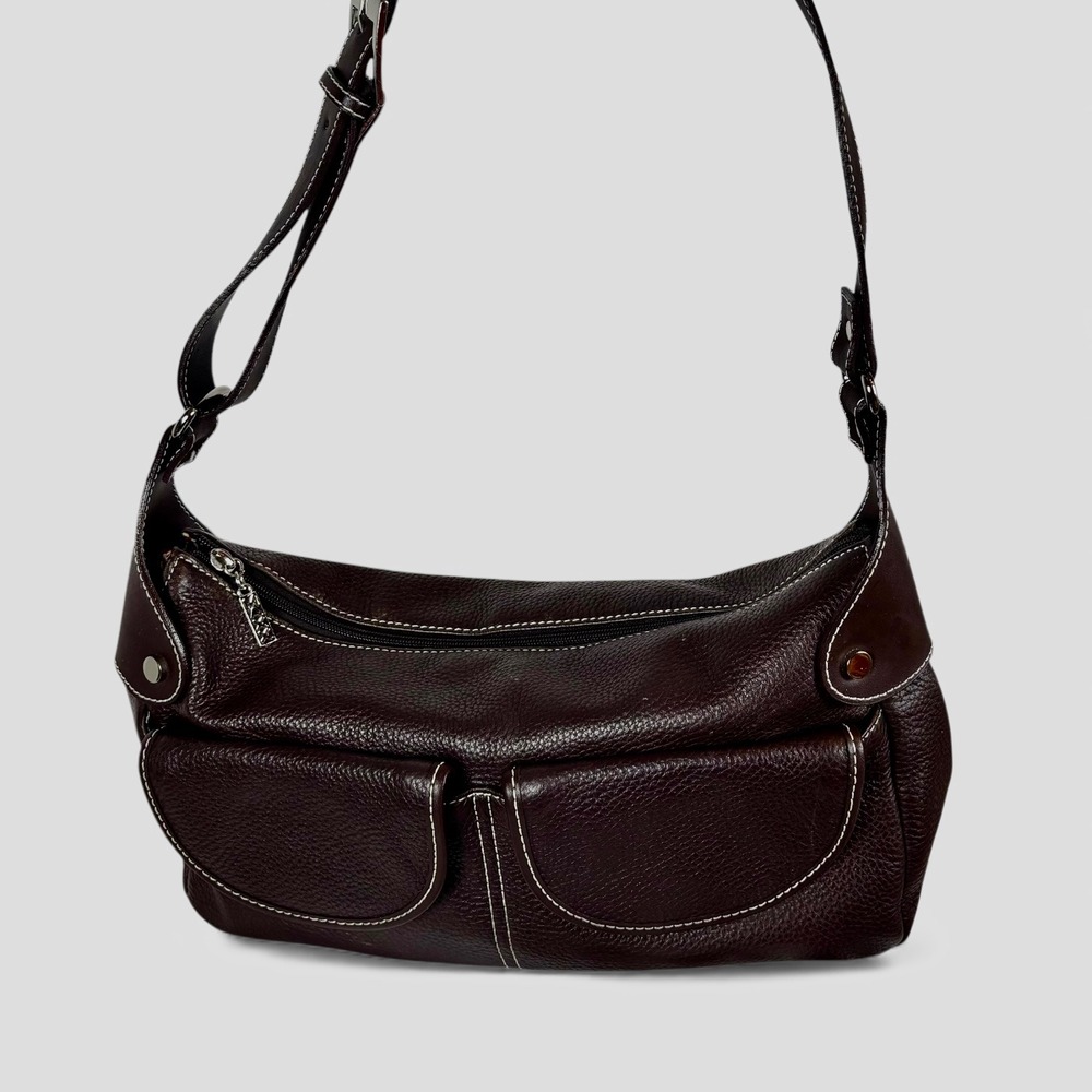 MAXX New York Genuine Leather Hobo Shoulder Bag Dark Brown‎ White Stitch Accent